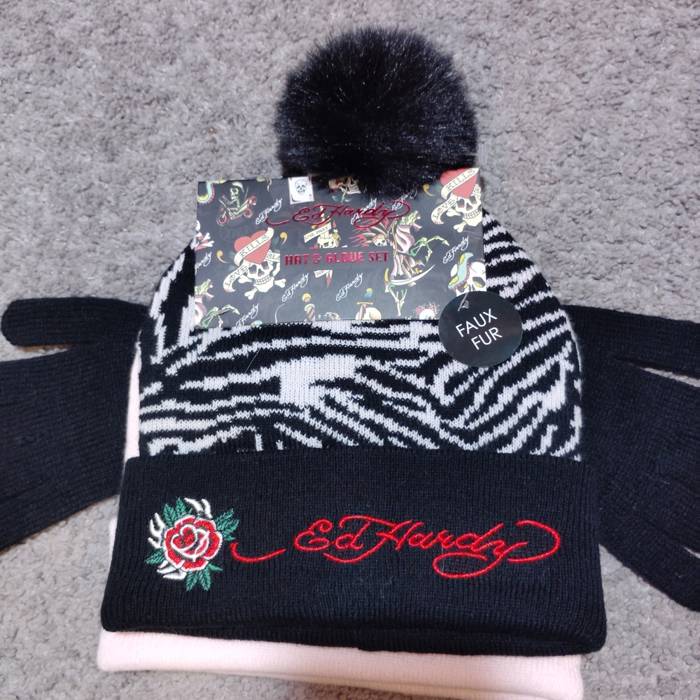 Ed Hardy Black and White Knit Set with Faux Fur Pom-Pom